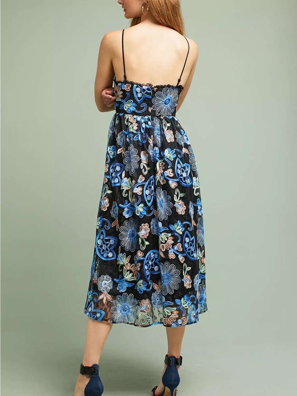 Anthropologie - Eri + Ali - Black Floral Embroidered Spaghetti Strap Dress - Picture 3 of 7